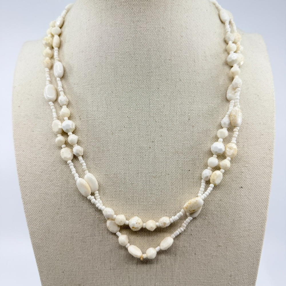 Vintage‎ Cream White Multi Strand Seed Bead & Carved Nugget Statement Necklace